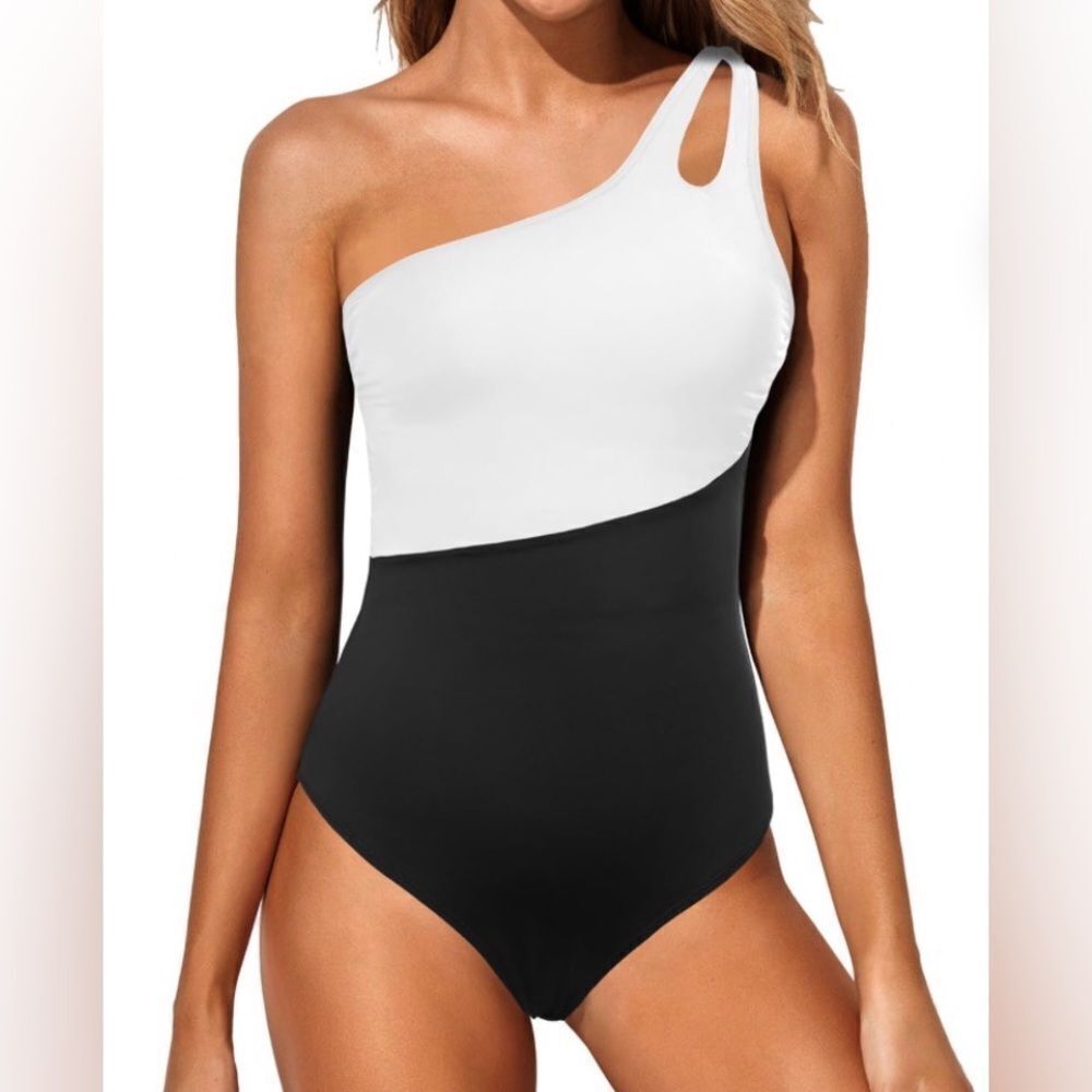 Holipick One Shoulder One Piece Swimsuit Modest Full Coverage with Keyhole L